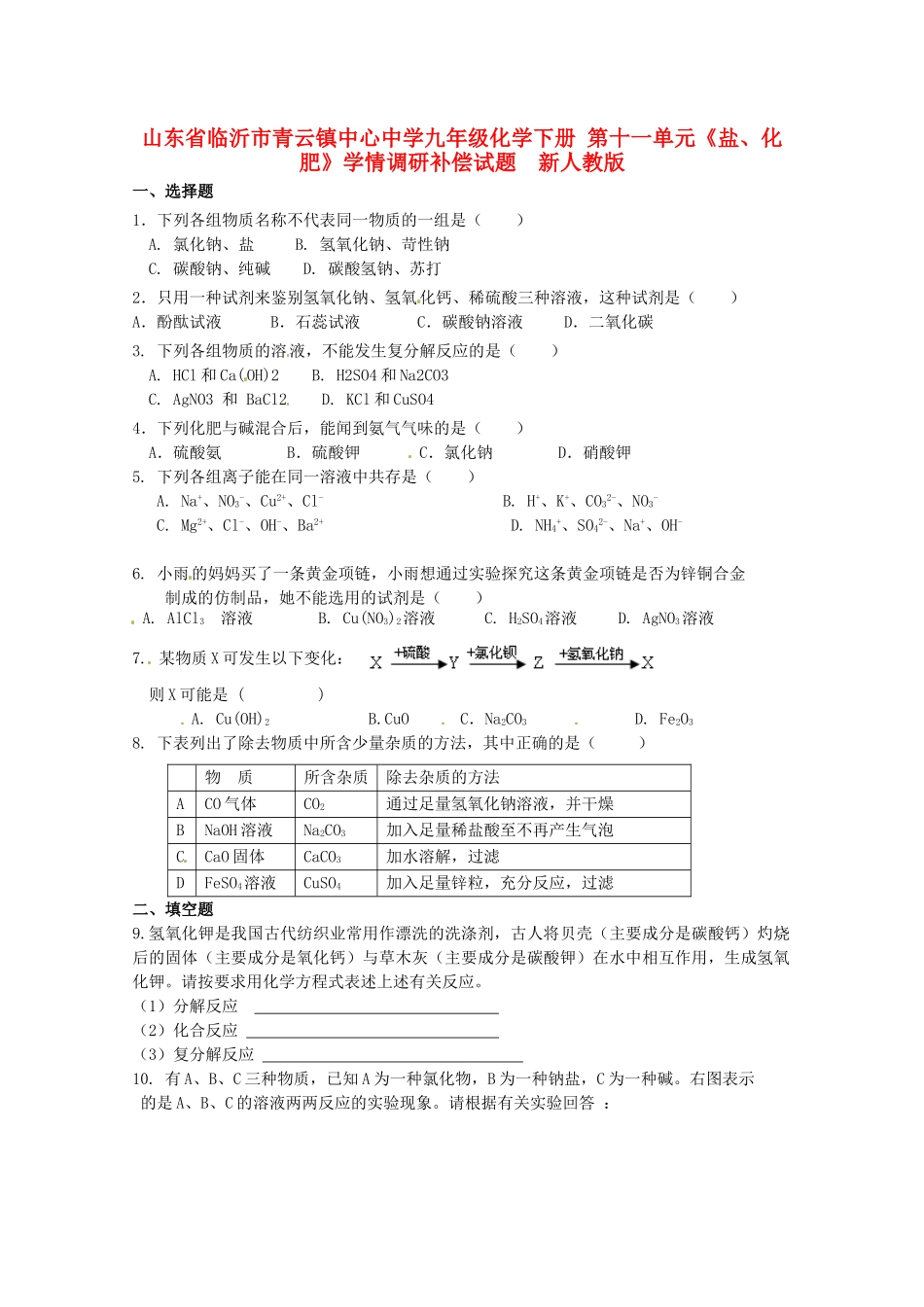 九年级化学下册 第十一单元(盐、化肥)学情调研补偿试卷  新人教版试卷_第1页