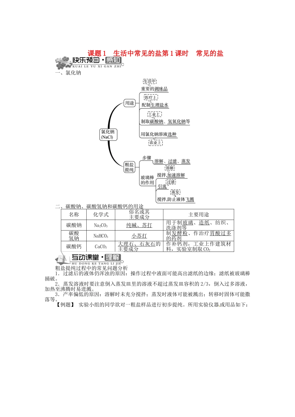 九年级化学下册 第十一单元 课题1 生活中常见的盐(第1课时 常见的盐)同步训练 (新版)新人教版试卷_第1页