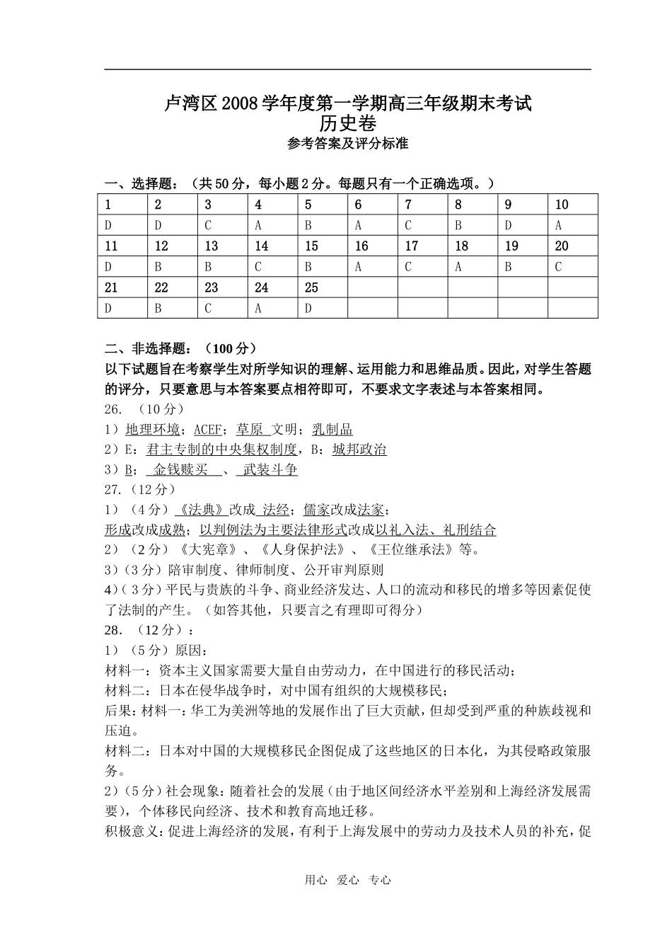 卢湾区历史卷参考答案及评分标准_第1页