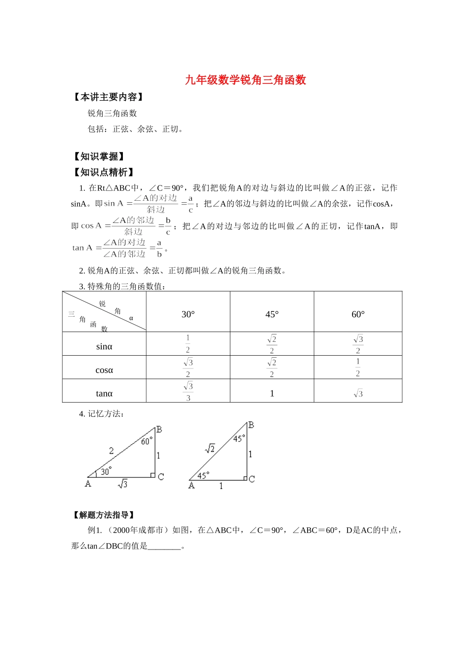 九年级数学锐角三角函数知识精讲试卷_第1页