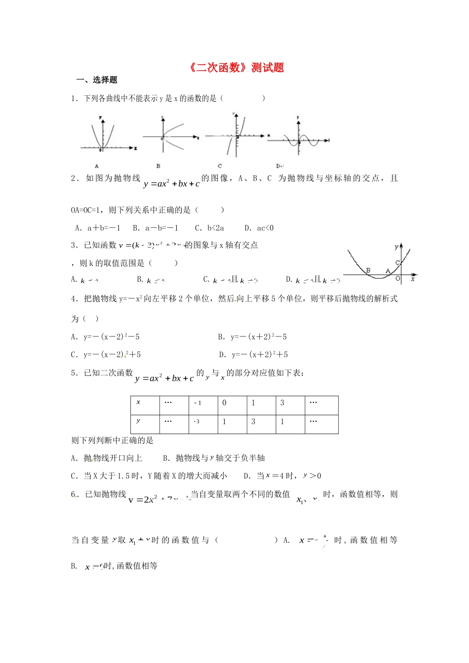 九年级数学下册(二次函数)测试卷 新人教版试卷_第1页