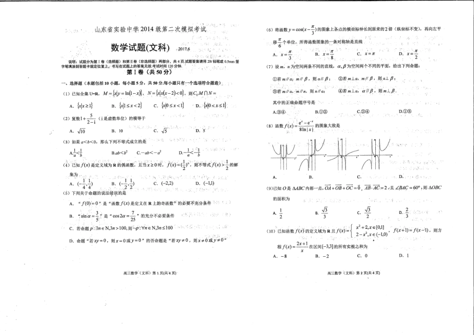 山东省济南市高三数学下学期第二次模拟考试试卷 文(PDF，无答案)试卷_第1页