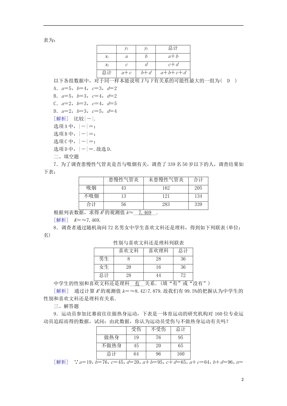 高中数学 第一章 推理与证明 1.2 独立性检验的基本思想及其应用练习 新人教A版选修1-2-新人教A版高二选修1-2数学试题_第2页