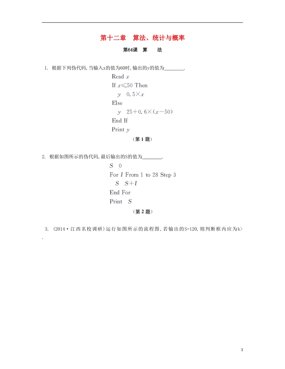 （江苏专用）高考数学大一轮复习 第十二章 第64课 算法检测评估-人教版高三全册数学试题_第1页