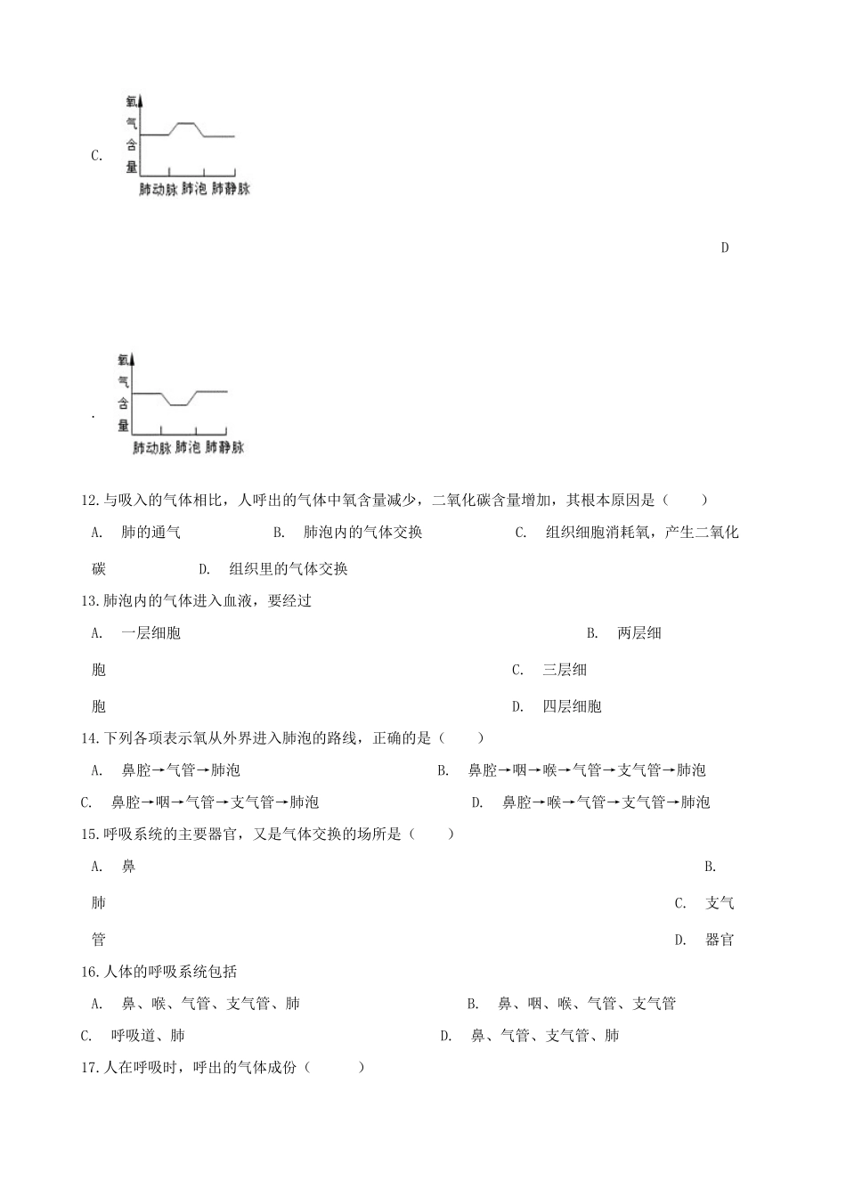 中考生物 人体的呼吸专题复习试卷_第3页