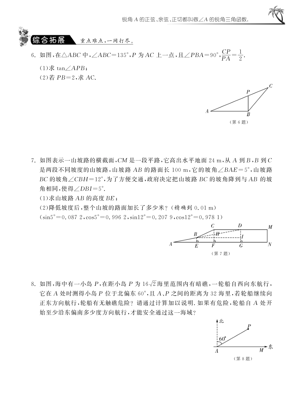九年级数学下册 28 锐角三角函数习题(pdf)(新版)新人教版试卷_第2页
