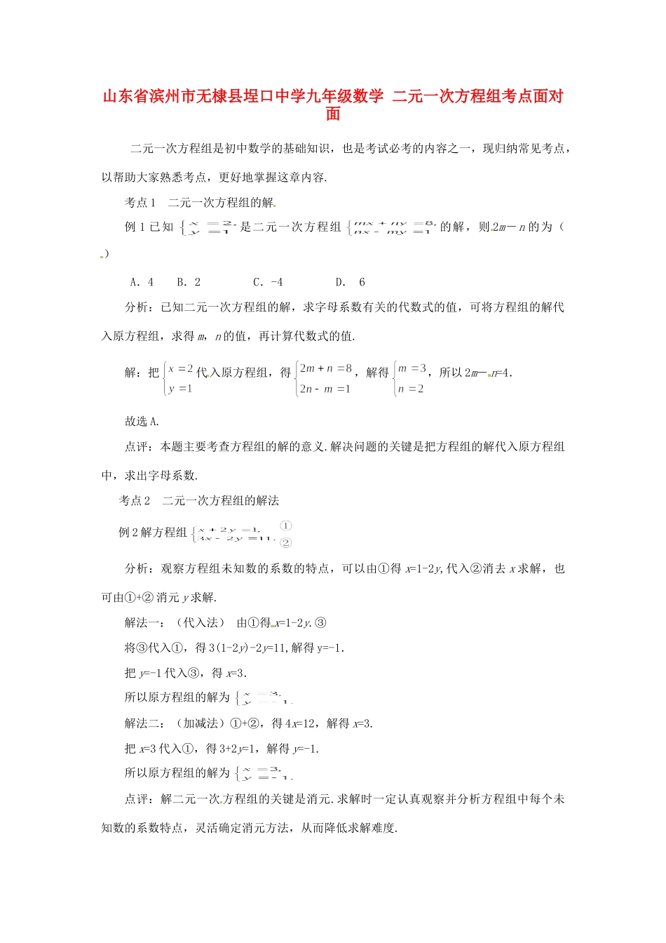 九年级数学 二元一次方程组考点面对面试卷_第1页