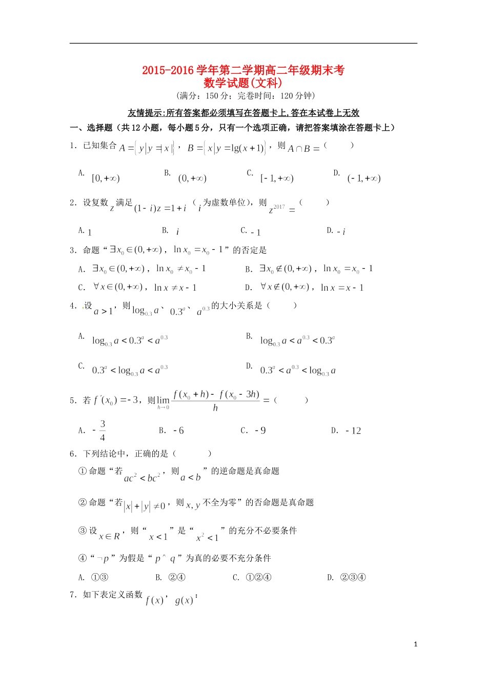 福建省福州市高二数学6月期末考试试题 文-人教版高二全册数学试题_第1页