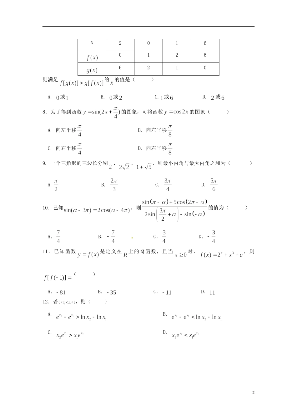 福建省福州市高二数学6月期末考试试题 文-人教版高二全册数学试题_第2页