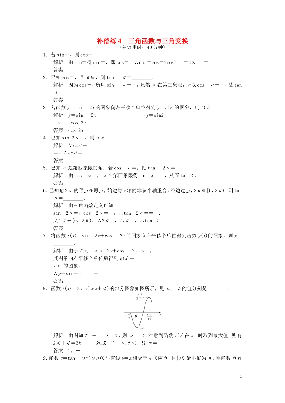 （江苏专用）高考数学二轮专题复习 填空题补偿练4 三角函数与三角变换 理-人教版高三全册数学试题_第1页