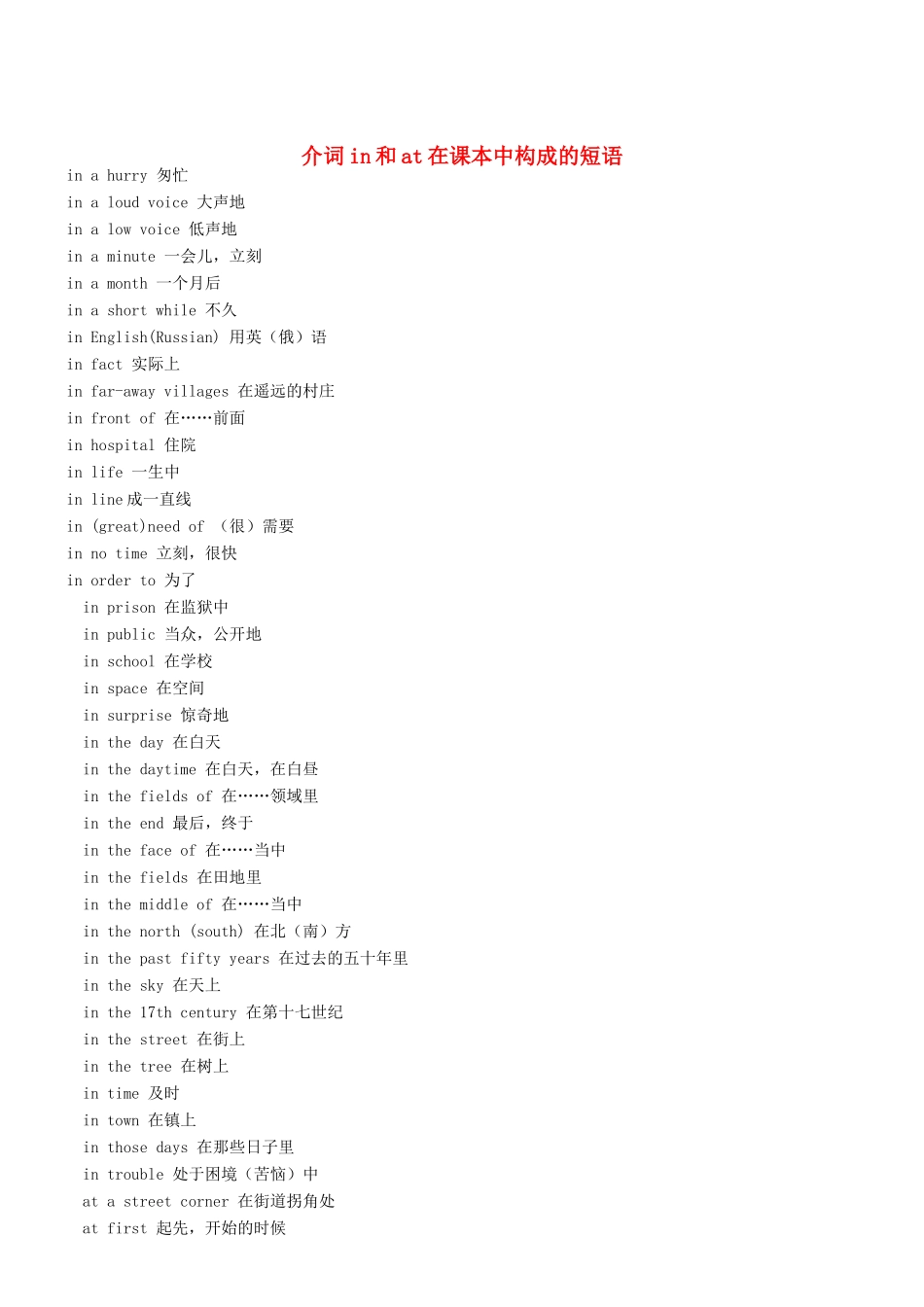 中考英语一轮复习 介词in和at在课本中构成的短语试卷_第1页