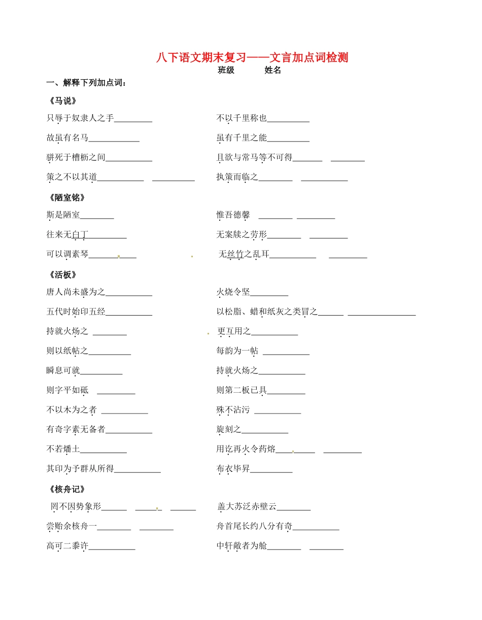 八年级语文下学期期末复习 文言加点词检测(无答案) 苏教版 试题_第1页