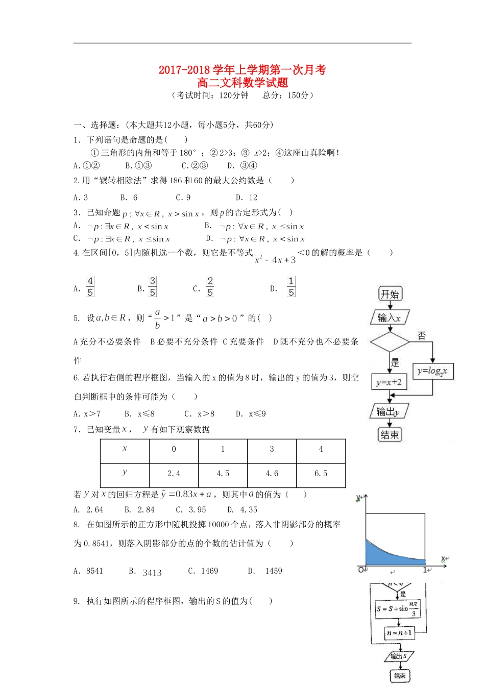福建省华安县高二数学上学期第一次月考试题 文-人教版高二全册数学试题_第1页