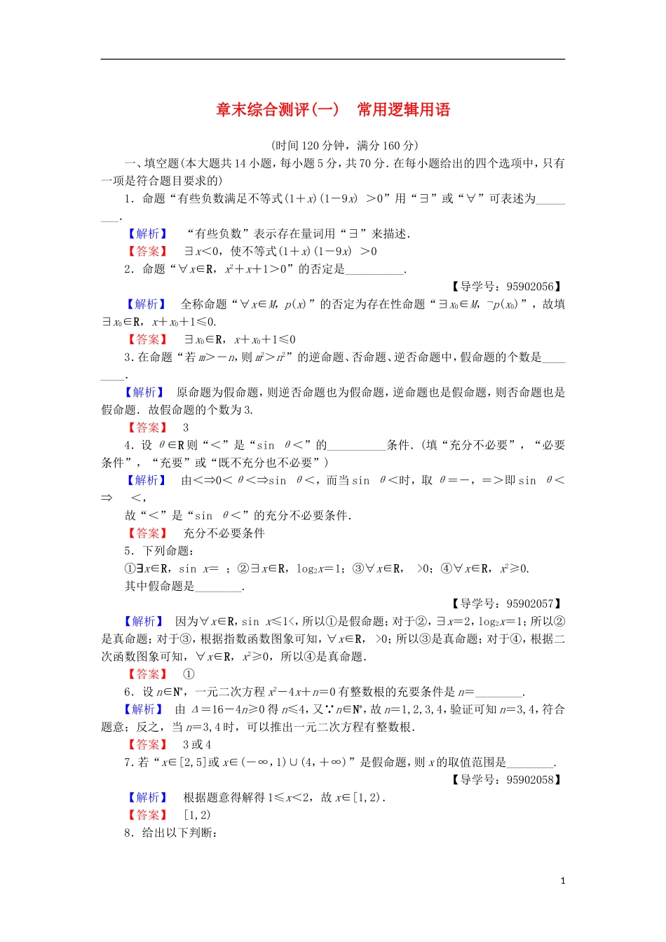 高中数学 章末综合测评1 常用逻辑用语 苏教版选修1-1-苏教版高二选修1-1数学试题_第1页