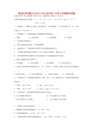 黑龙江省双鸭山市高一化学上学期期中试题-人教版高一全册化学试题