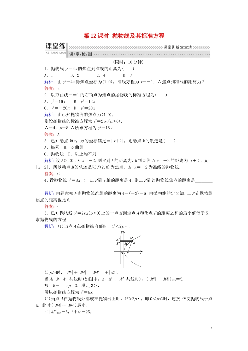 高中数学 第二章 圆锥曲线与方程 第12课时 抛物线及其标准方程检测 新人教B版选修1-1-新人教B版高二选修1-1数学试题_第1页