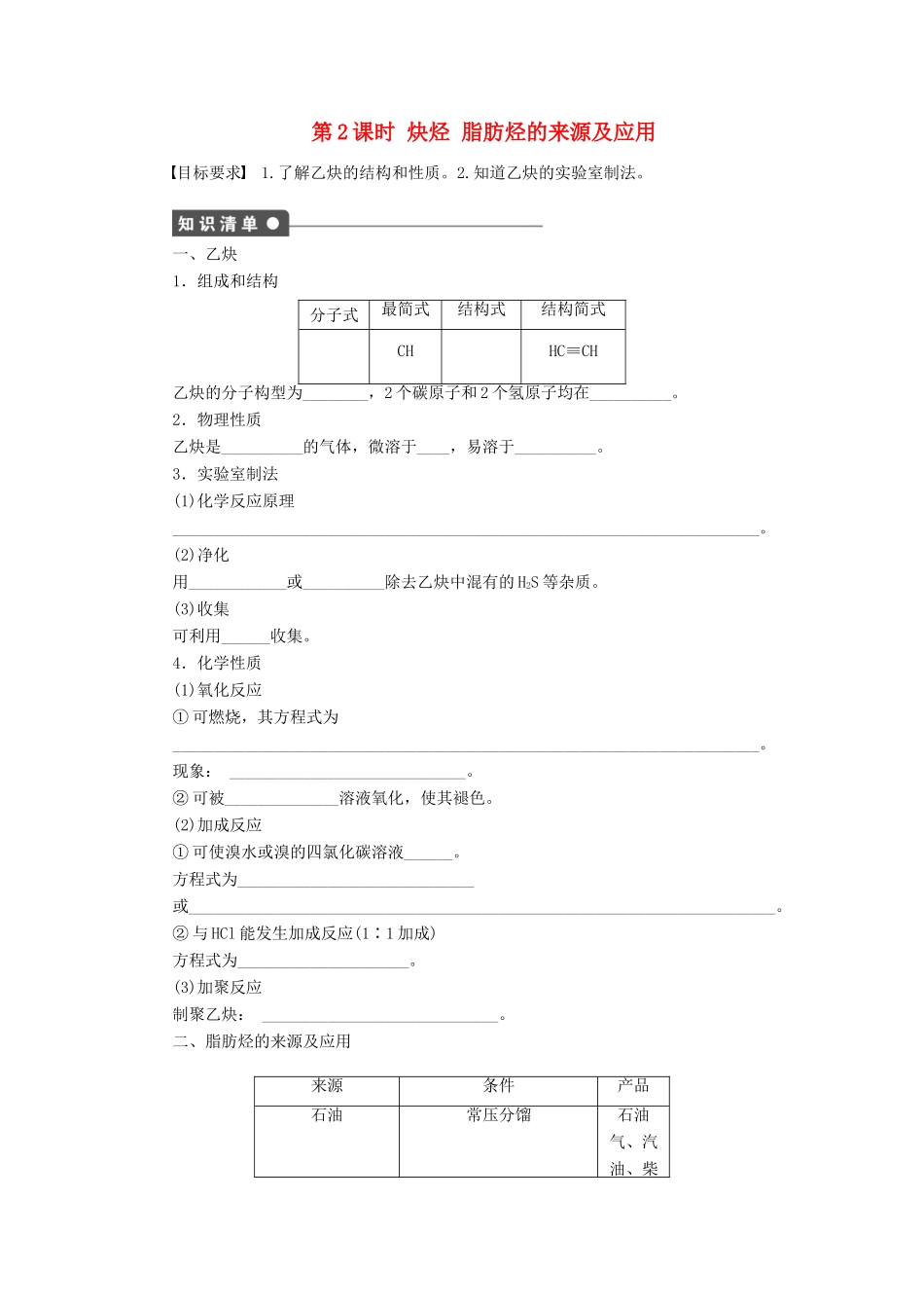 高中化学 第二章 第一节 第2课时炔烃 脂肪烃的来源及应用课时作业（含解析）新人教版选修5-新人教版高二选修5化学试题_第1页
