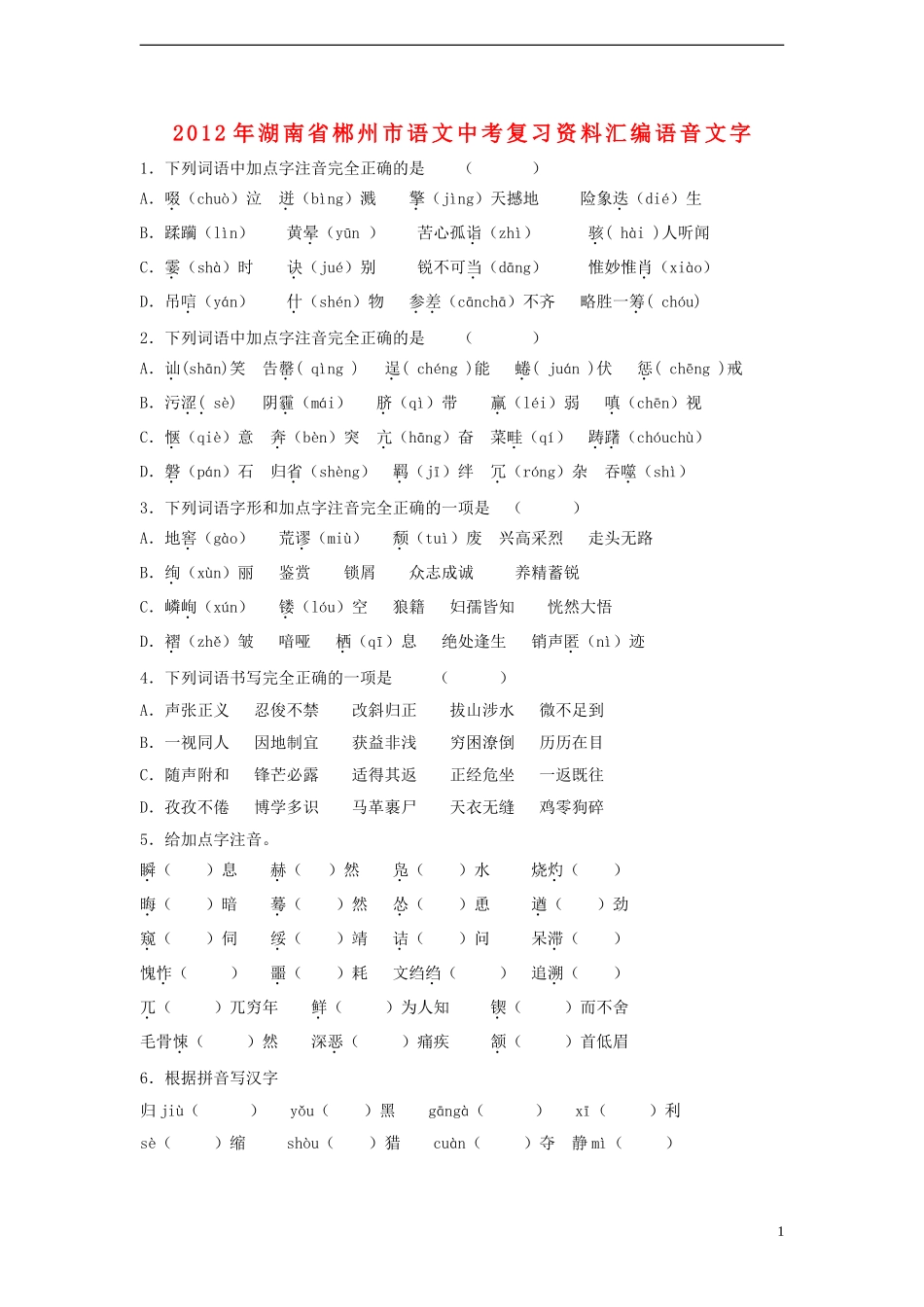 中考语文 复习资料汇编 语音文字试卷_第1页