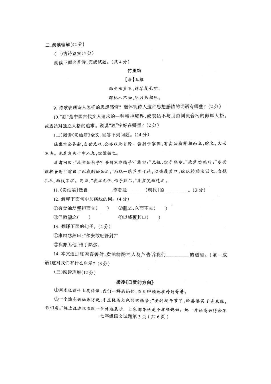 山东临沂市郯城县七年级语文下学期期中试卷试卷_第3页