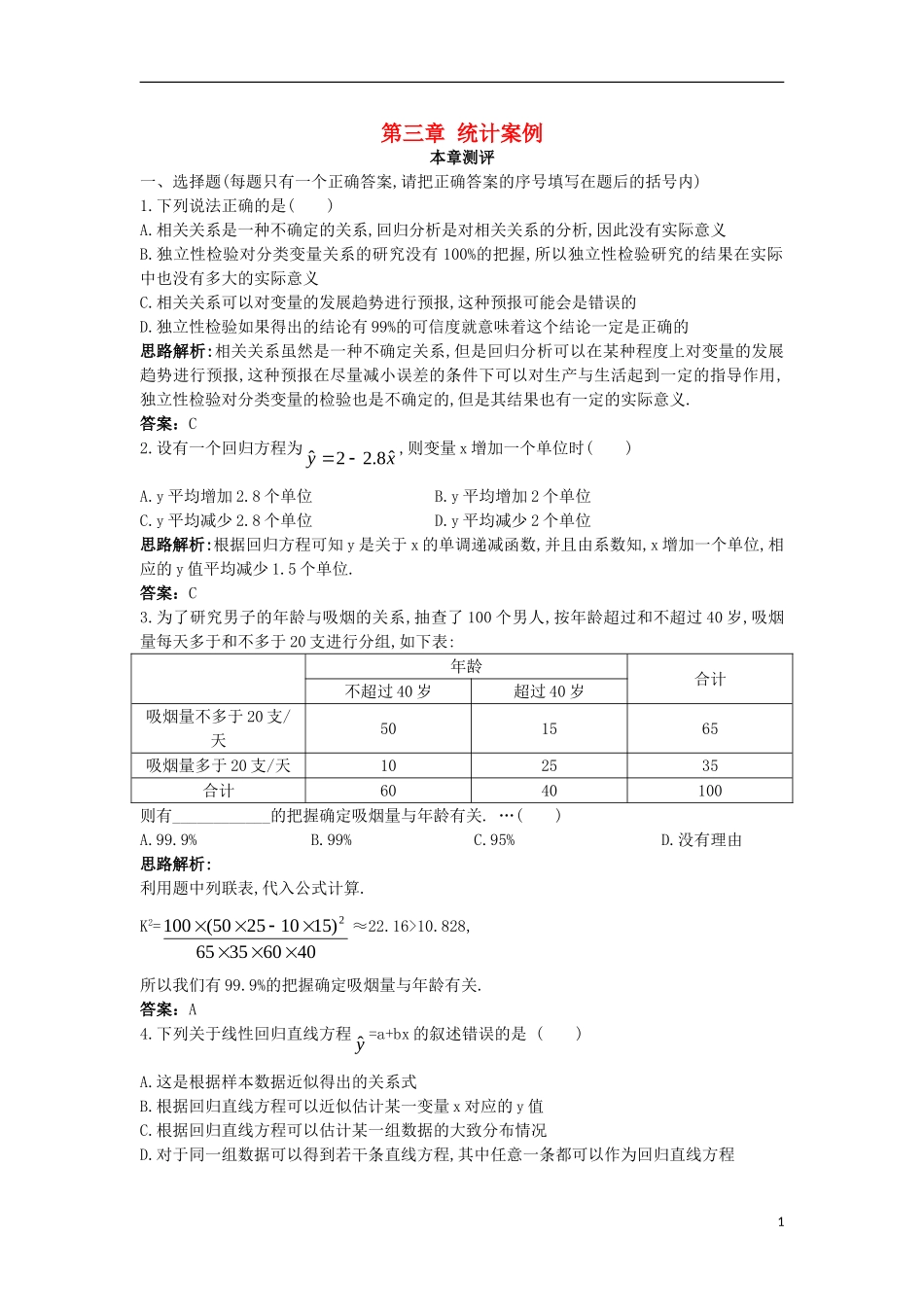 高中数学 第三章 统计案例本章测评1 新人教A版选修2-3-新人教A版高二选修2-3数学试题_第1页