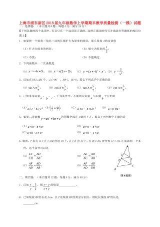 九年级数学上学期期末教学质量检测(一模)试卷 沪教版五四制试卷