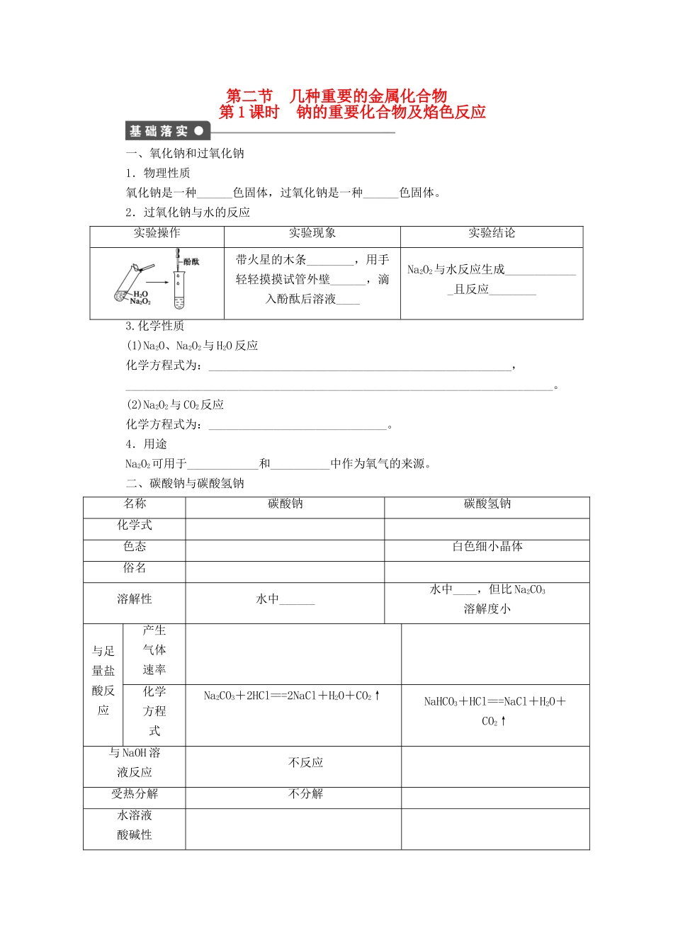 高中化学 第三章 第二节 第1课时 钠的重要化合物及焰色反应课时作业 新人教版必修1-新人教版高一必修1化学试题_第1页