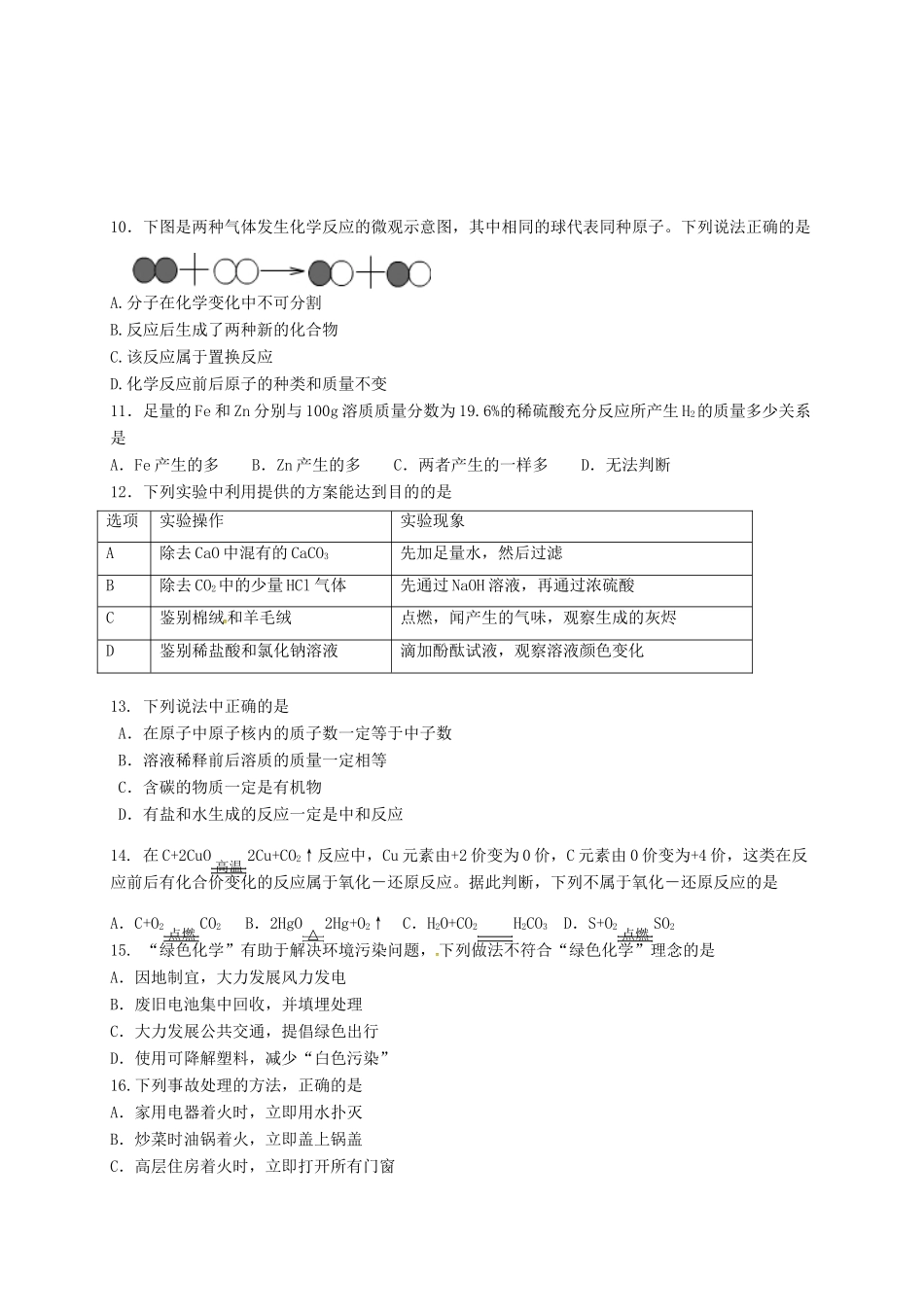 初中化学学业水平模拟测试题2(无答案) 试题_第2页