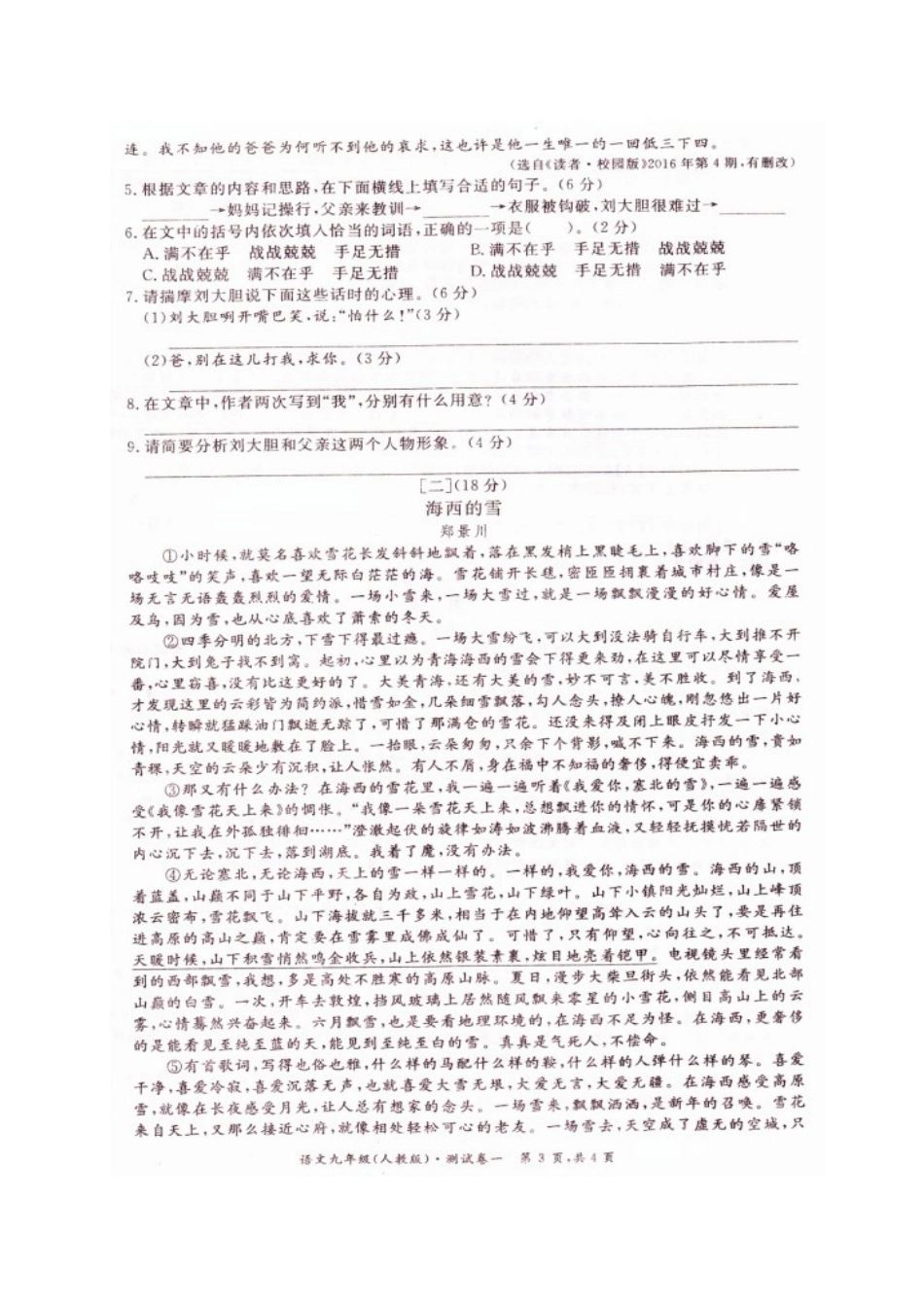 安徽省阜阳市颍州区九年级语文上学期第一次月考试卷新人教版试卷_第3页