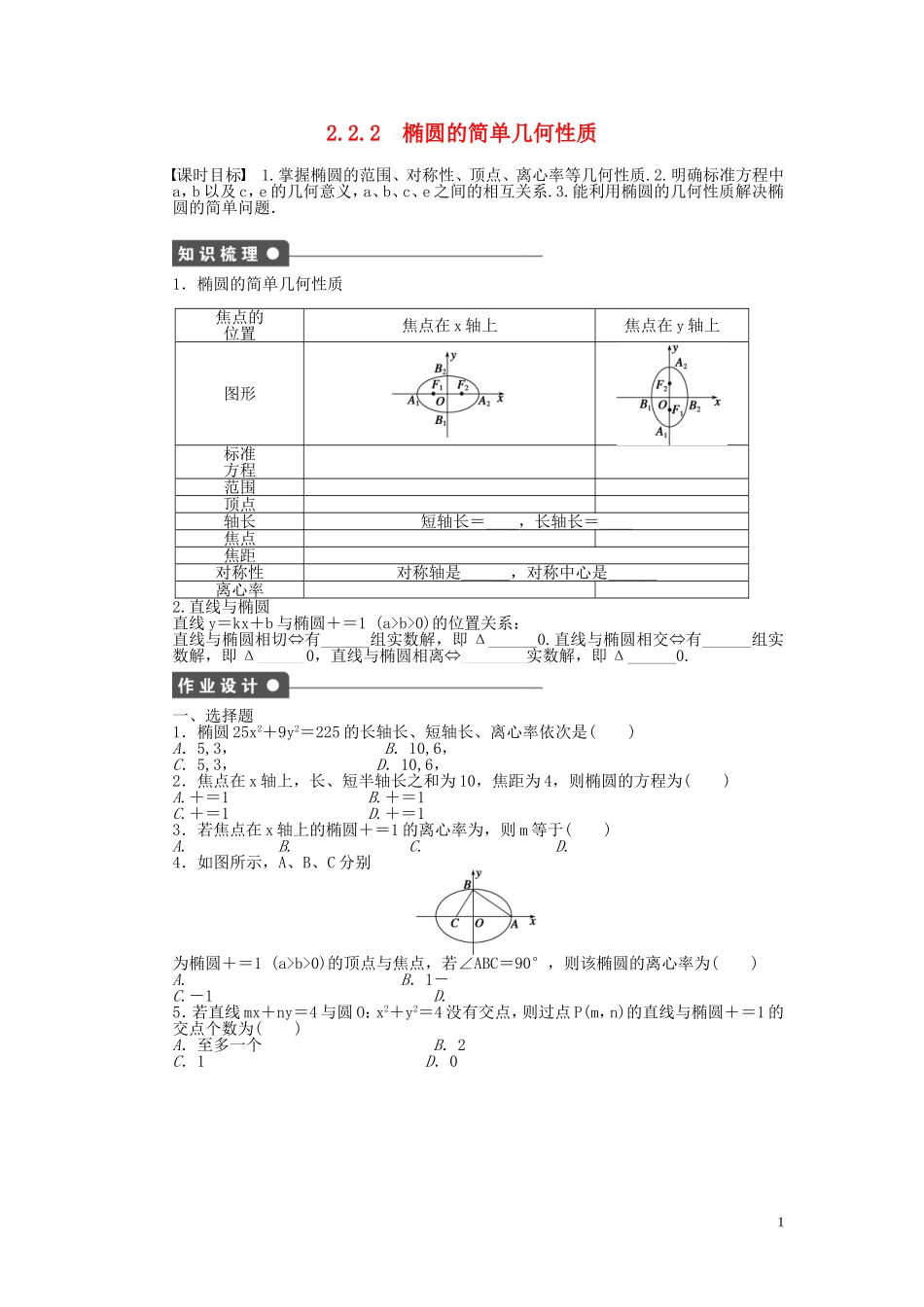 高中数学 2.2.2椭圆的简单几何性质课时作业 新人教A版选修1-1-新人教A版高二选修1-1数学试题_第1页