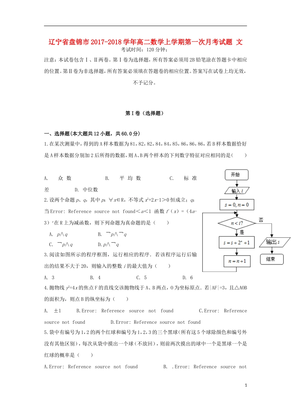 辽宁省盘锦市高二数学上学期第一次月考试题 文-人教版高二全册数学试题_第1页