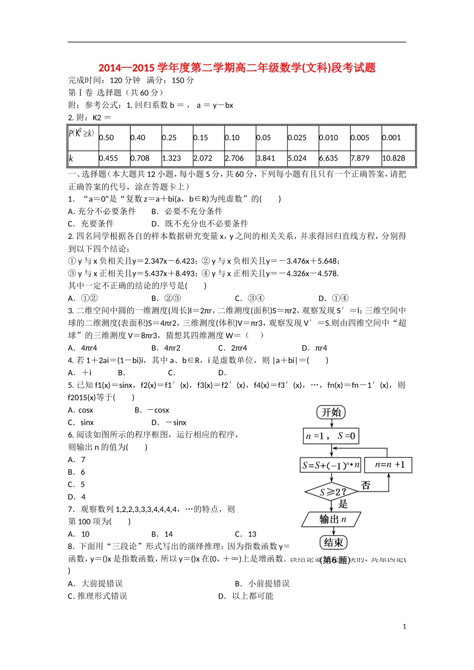 高二数学下学期期中段考试题 文-人教版高二全册数学试题_第1页
