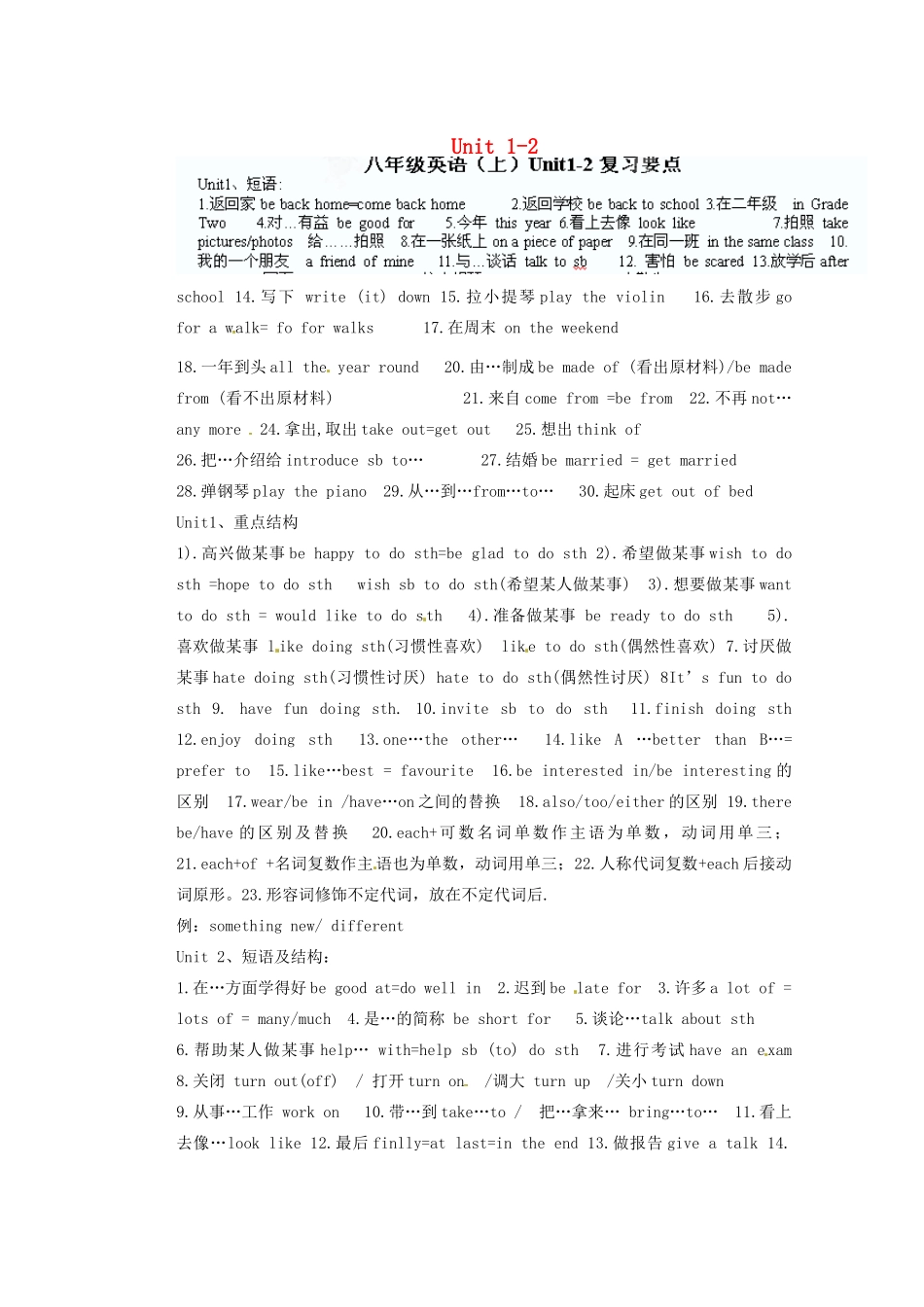 中考英语 八上 Unit 1-2要点总结 人教新目标版试卷_第1页