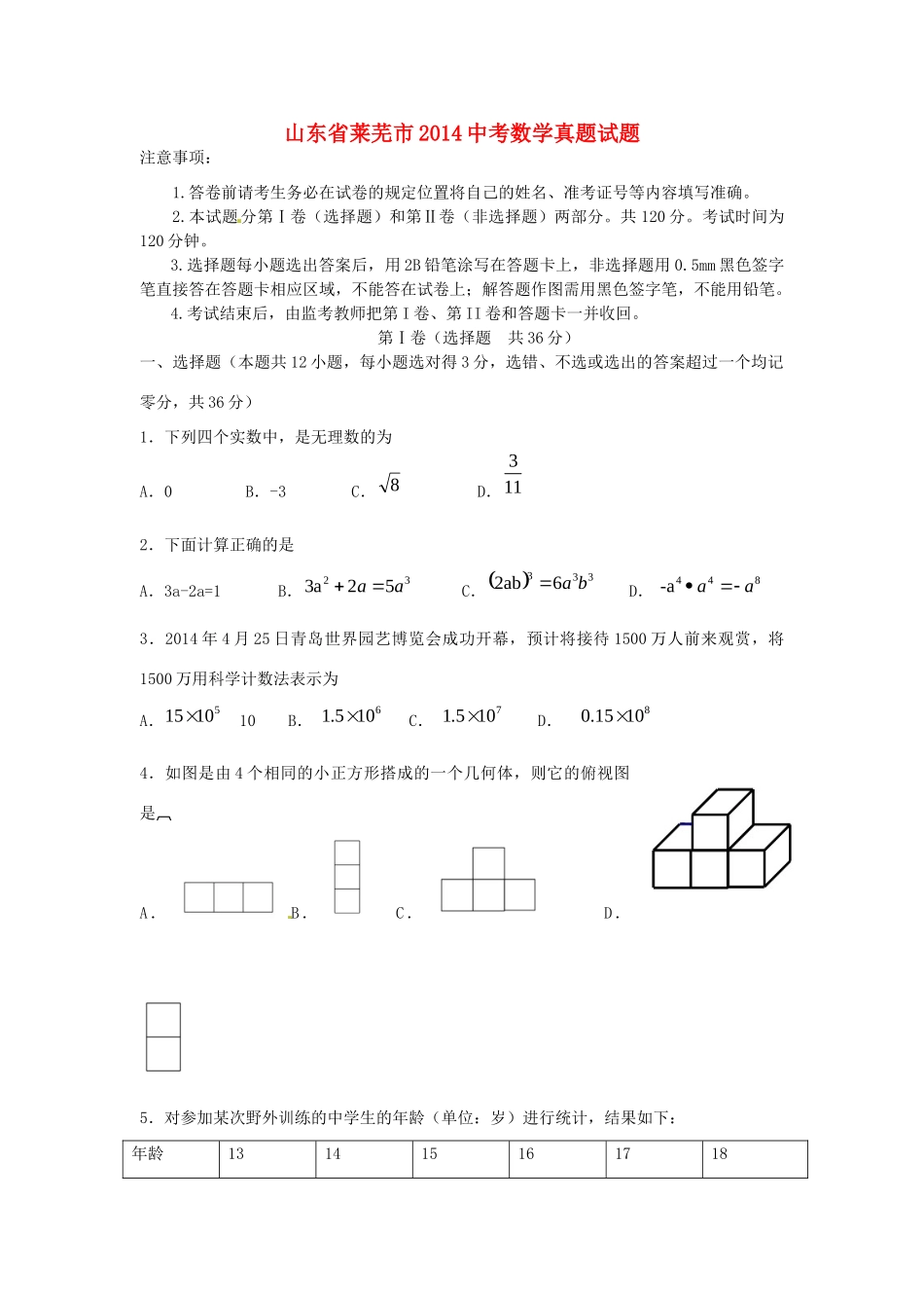 山东省莱芜市中考数学真题试卷试卷_第1页