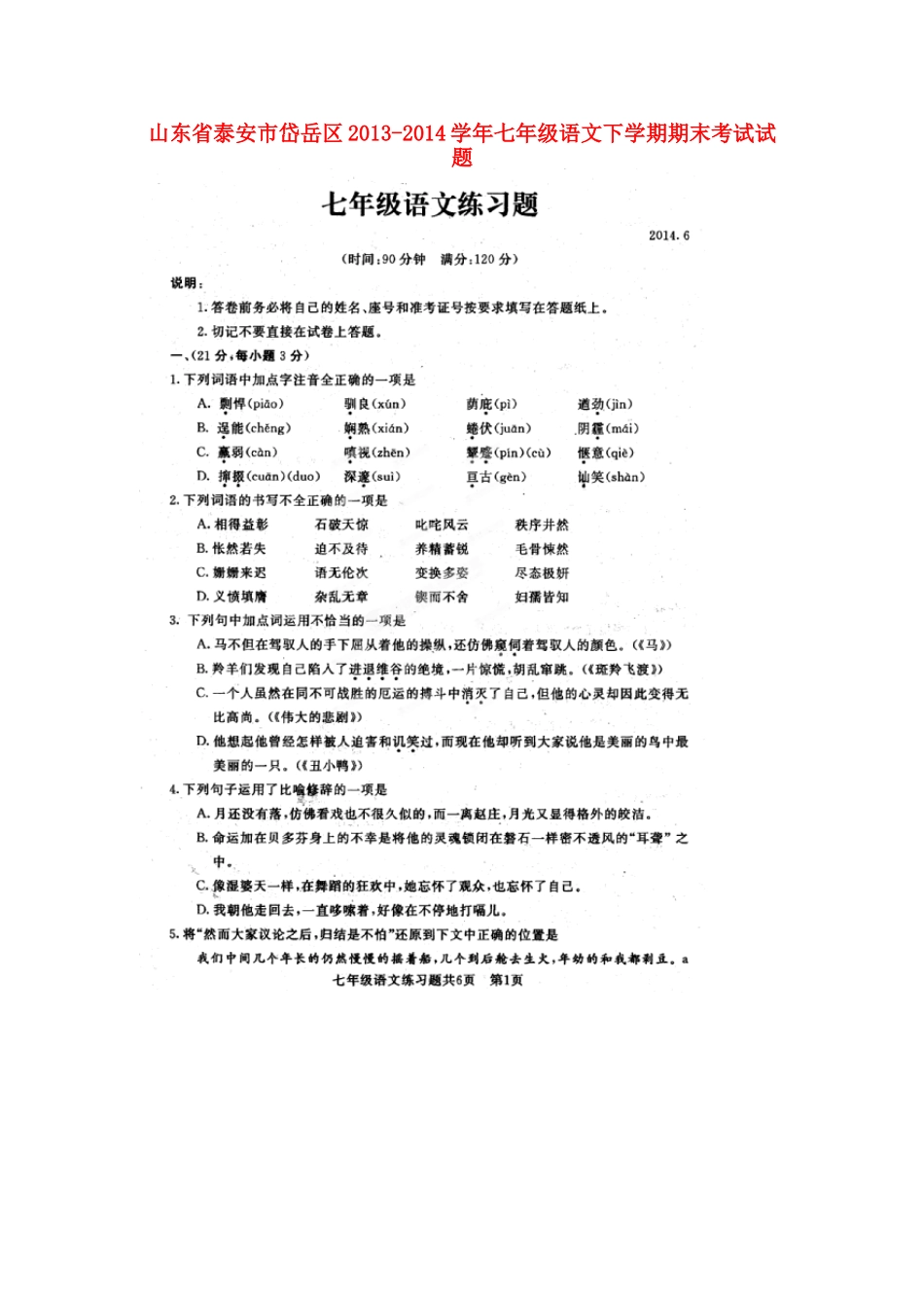山东省泰安市岱岳区七年级语文下学期期末考试试卷试卷_第1页
