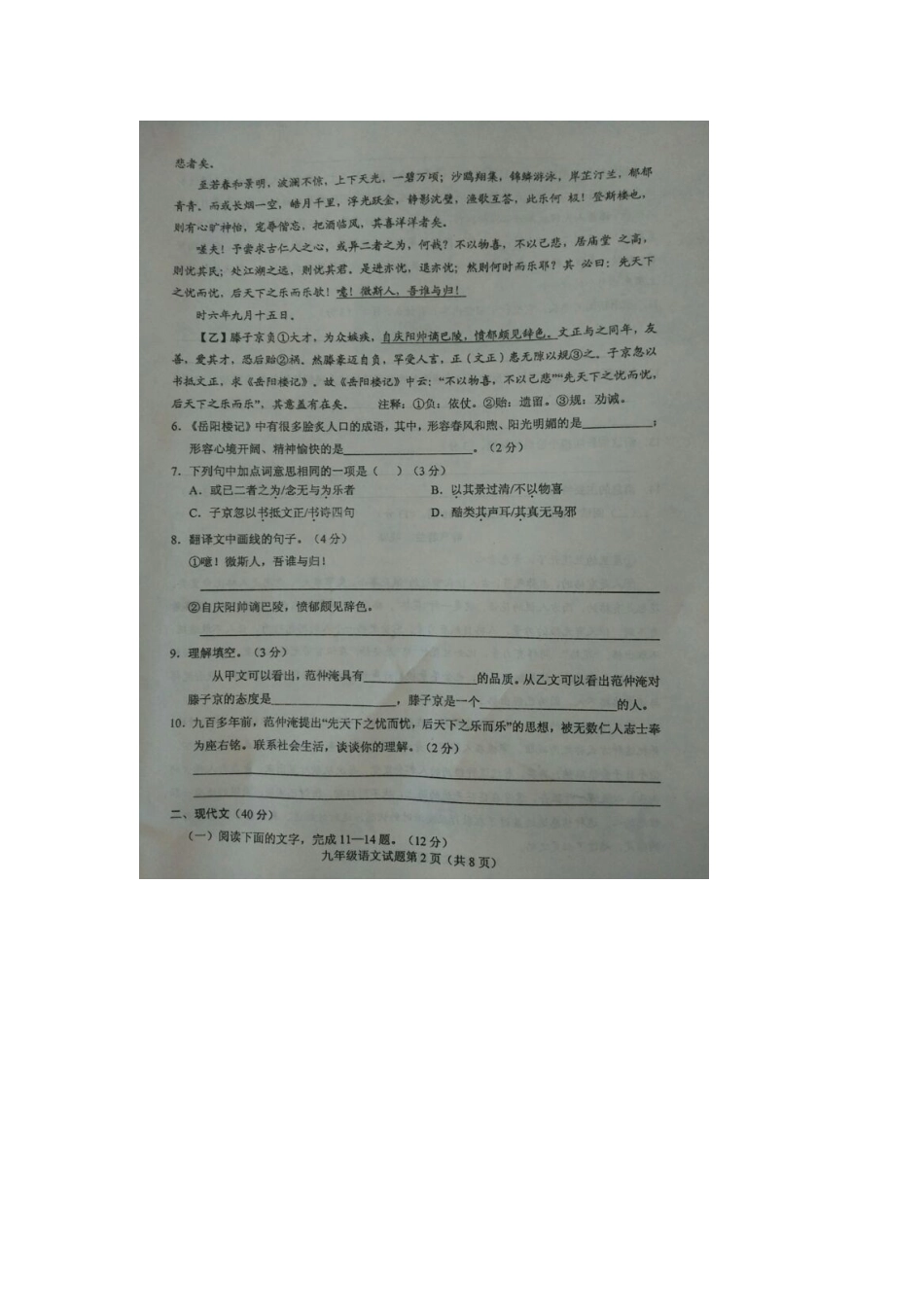 山东省菏泽市东明县九年级语文上学期第三次月考试卷新人教版试卷_第2页