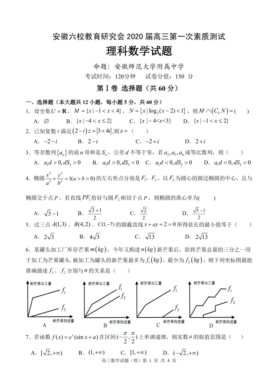 安徽省六校教育研究会高三数学上学期第一次素质测试试卷 理(PDF) 安徽省六校教育研究会高三数学上学期第一次素质测试试卷 理(PDF) 安徽省六校教育研究会高三数学上学期第一次素质测试试卷 理(PDF)_第1页