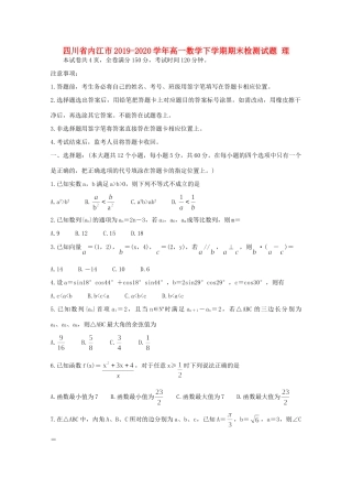 四川省内江市高一数学下学期期末检测试卷 理试卷