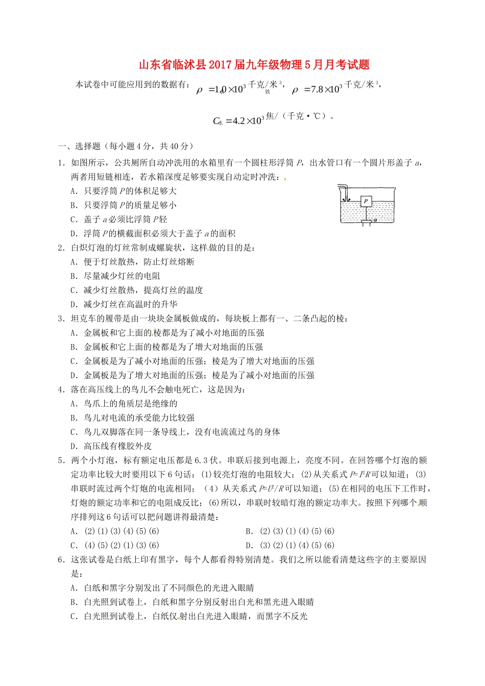 山东省临沭县九年级物理5月月考试卷试卷_第1页