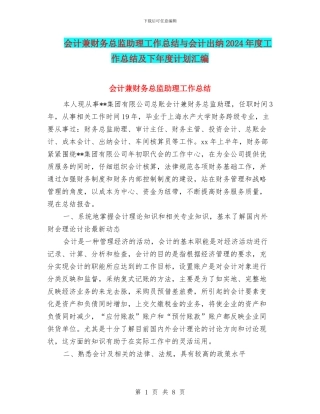 会计兼财务总监助理工作总结与会计出纳2024年度工作总结及下年度计划汇编