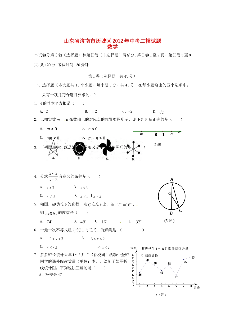 山东省济南市历城区届中考数学二模试卷 人教新课标版试卷_第1页