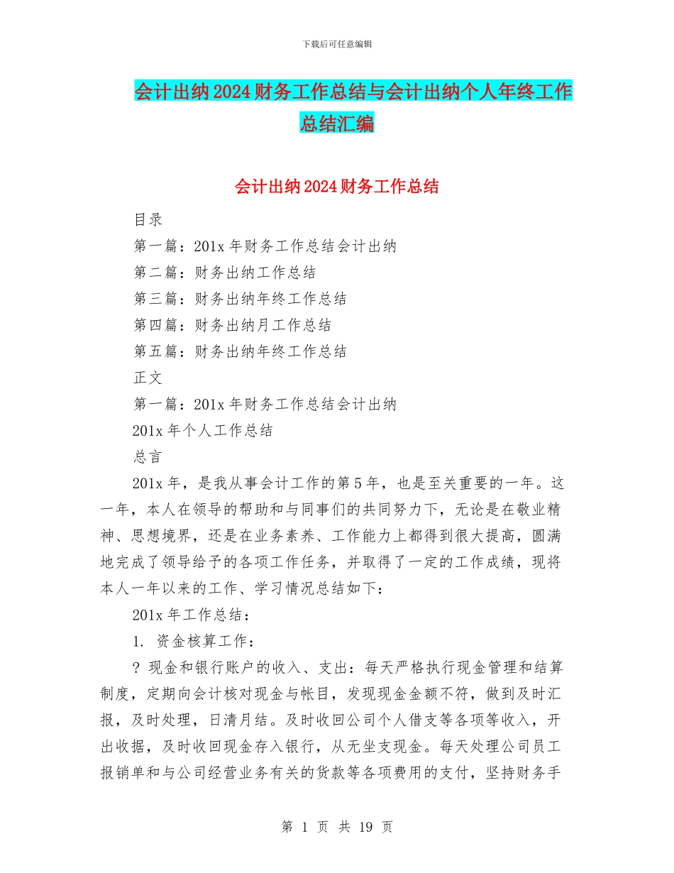 会计出纳2024财务工作总结与会计出纳个人年终工作总结汇编_第1页