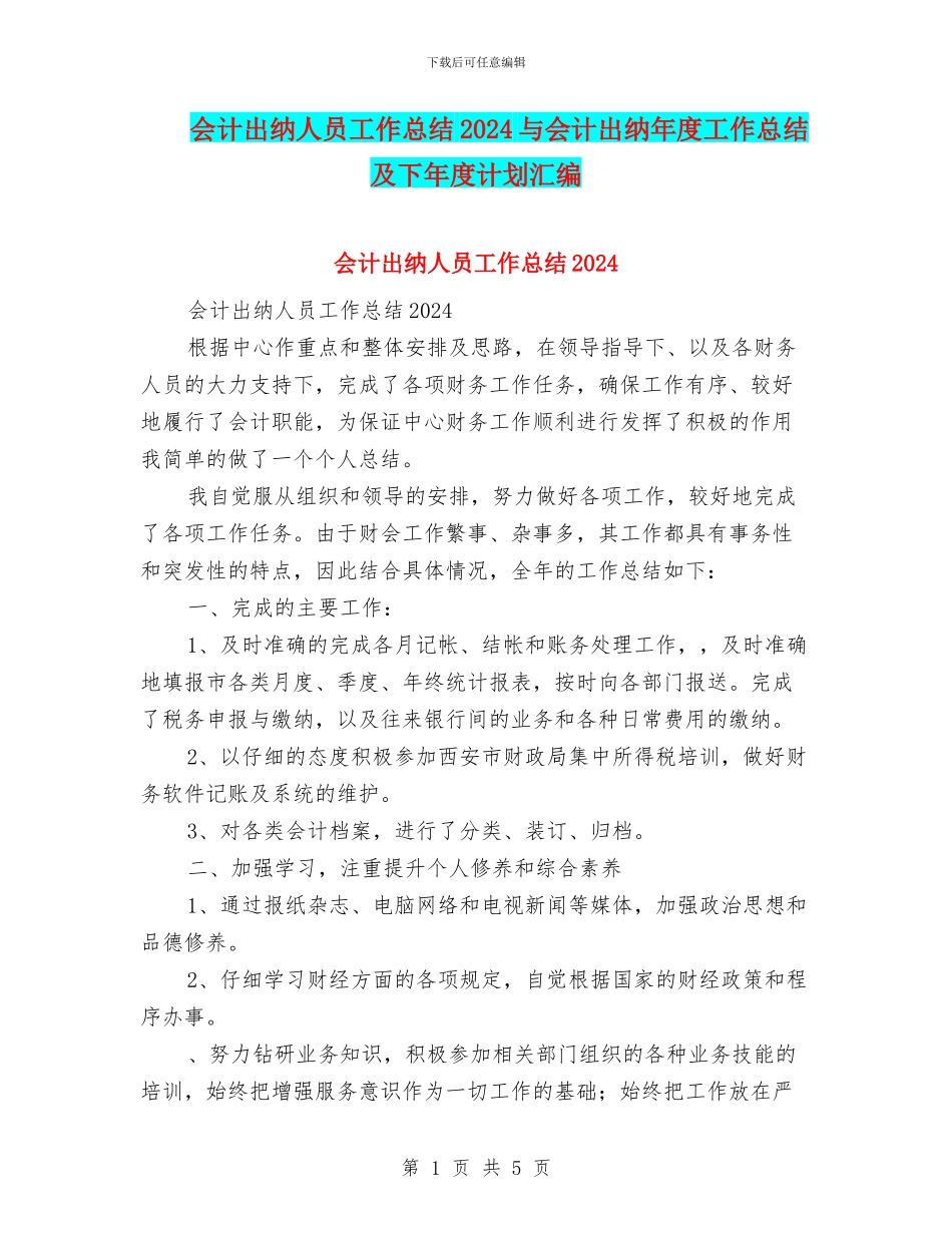 会计出纳人员工作总结2024与会计出纳年度工作总结及下年度计划汇编_第1页
