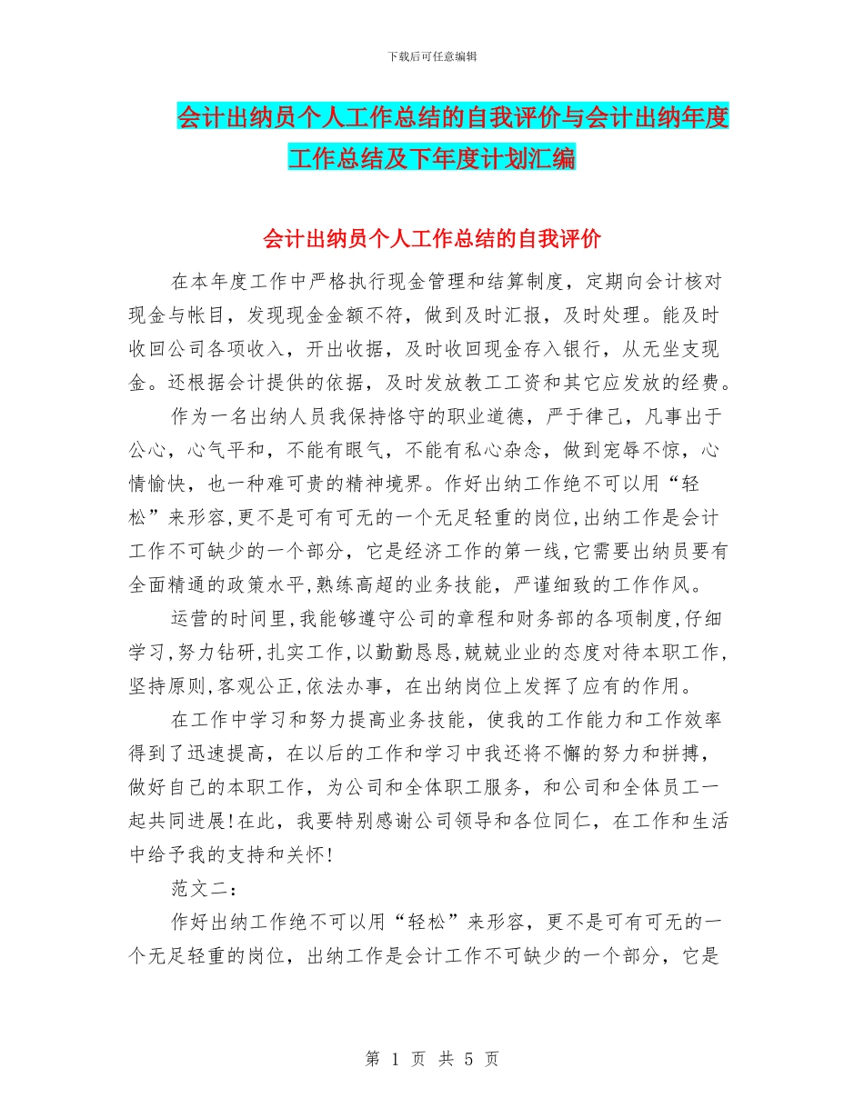 会计出纳员个人工作总结的自我评价与会计出纳年度工作总结及下年度计划汇编_第1页