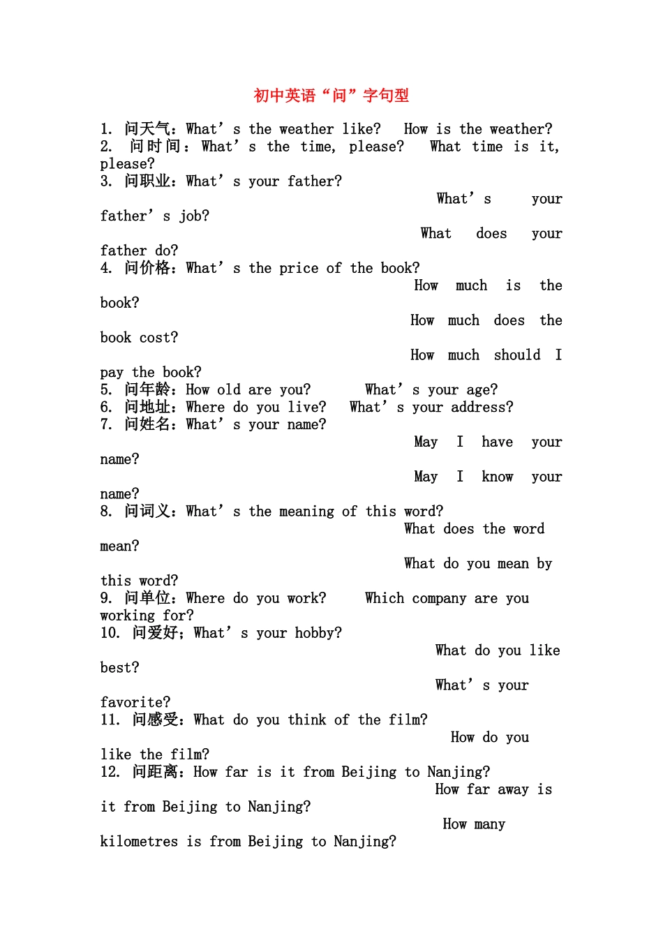 初中英语 问 字句型专题辅导 试题_第1页