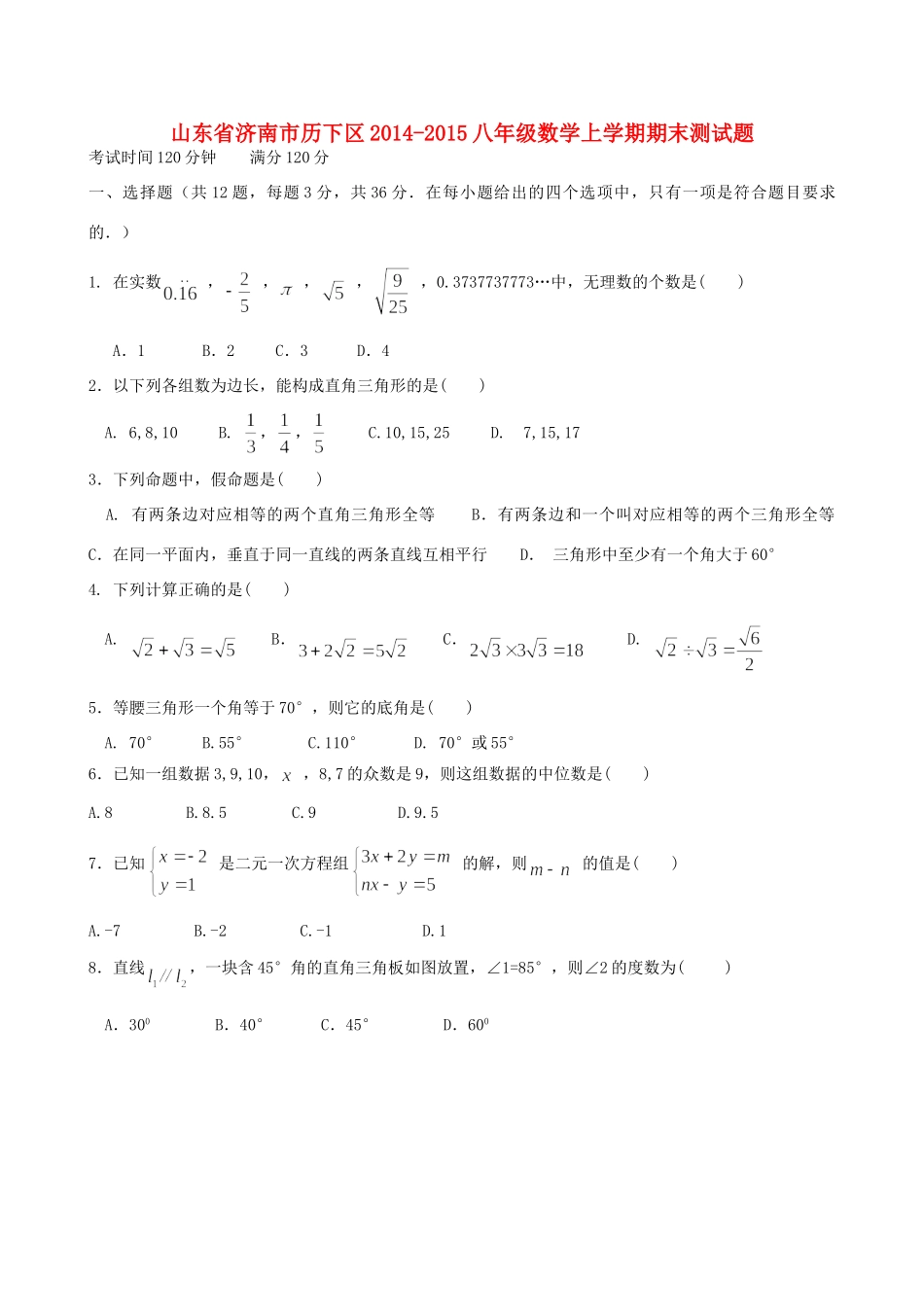 山东省济南市历下区 八年级数学上学期期末测试卷 华东师大版试卷_第1页