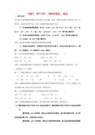 初中化学专题复习 专题六 离子共存 、物质的鉴别、 除杂(无答案) 鲁教版 试题