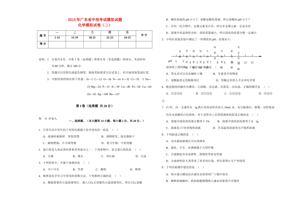 九年级化学中考模拟试卷(二)人教版试卷_第1页