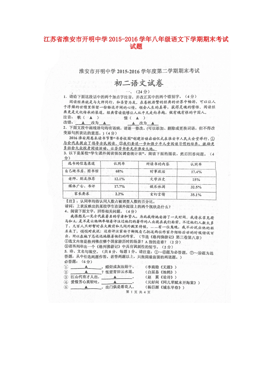 八年级语文下学期期末考试试题(扫描版) 苏教版_第1页