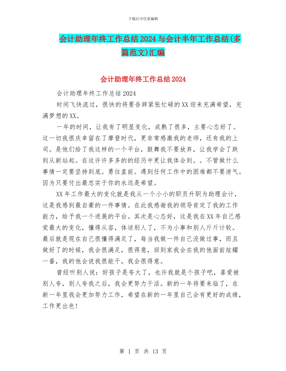 会计助理年终工作总结2024与会计半年工作总结汇编_第1页