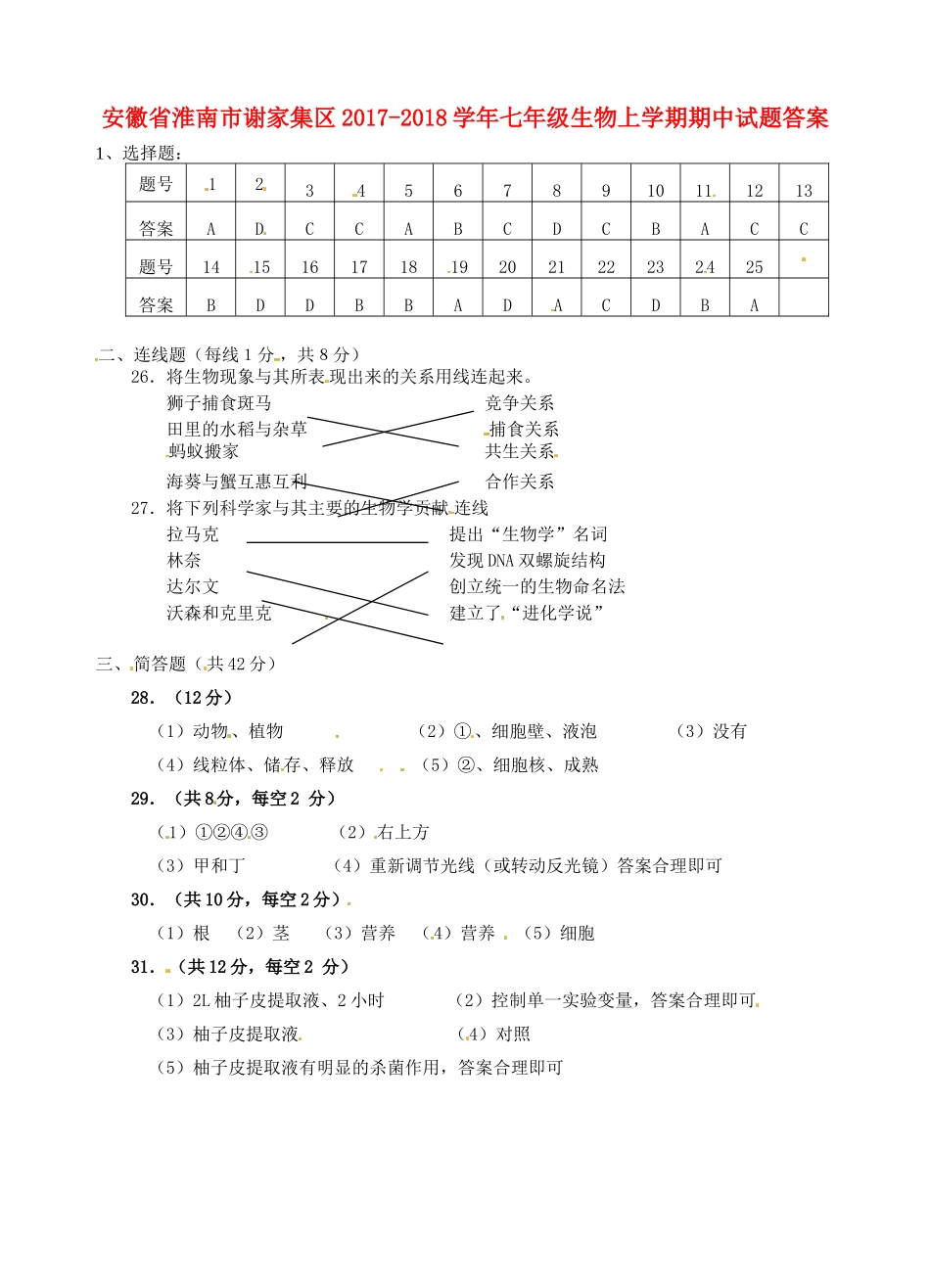 安徽省淮南市谢家集区七年级生物上学期期中试卷答案 新人教版 安徽省淮南市谢家集区七年级生物上学期期中试卷(pdf) 新人教版_第1页